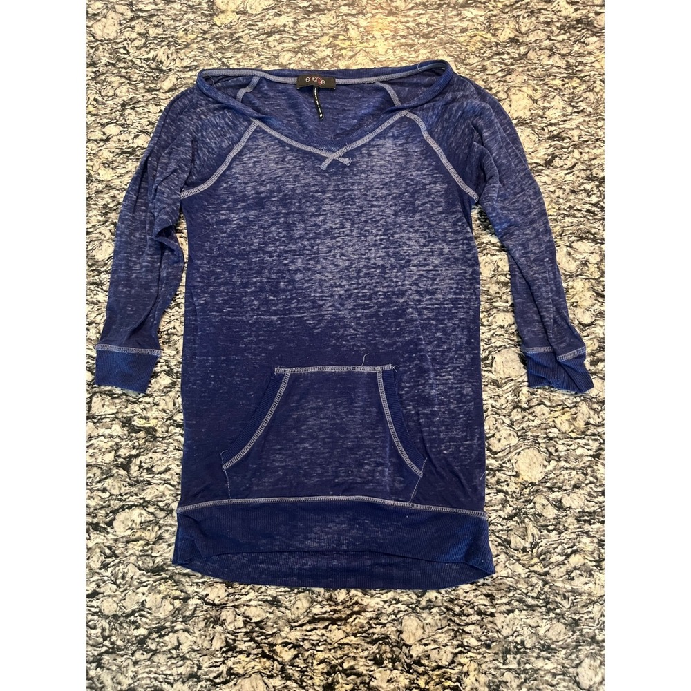 Energie Blue Burnout Long Sleeve Tunic Top Kangaroo Pocket V-Neck Womens Medium